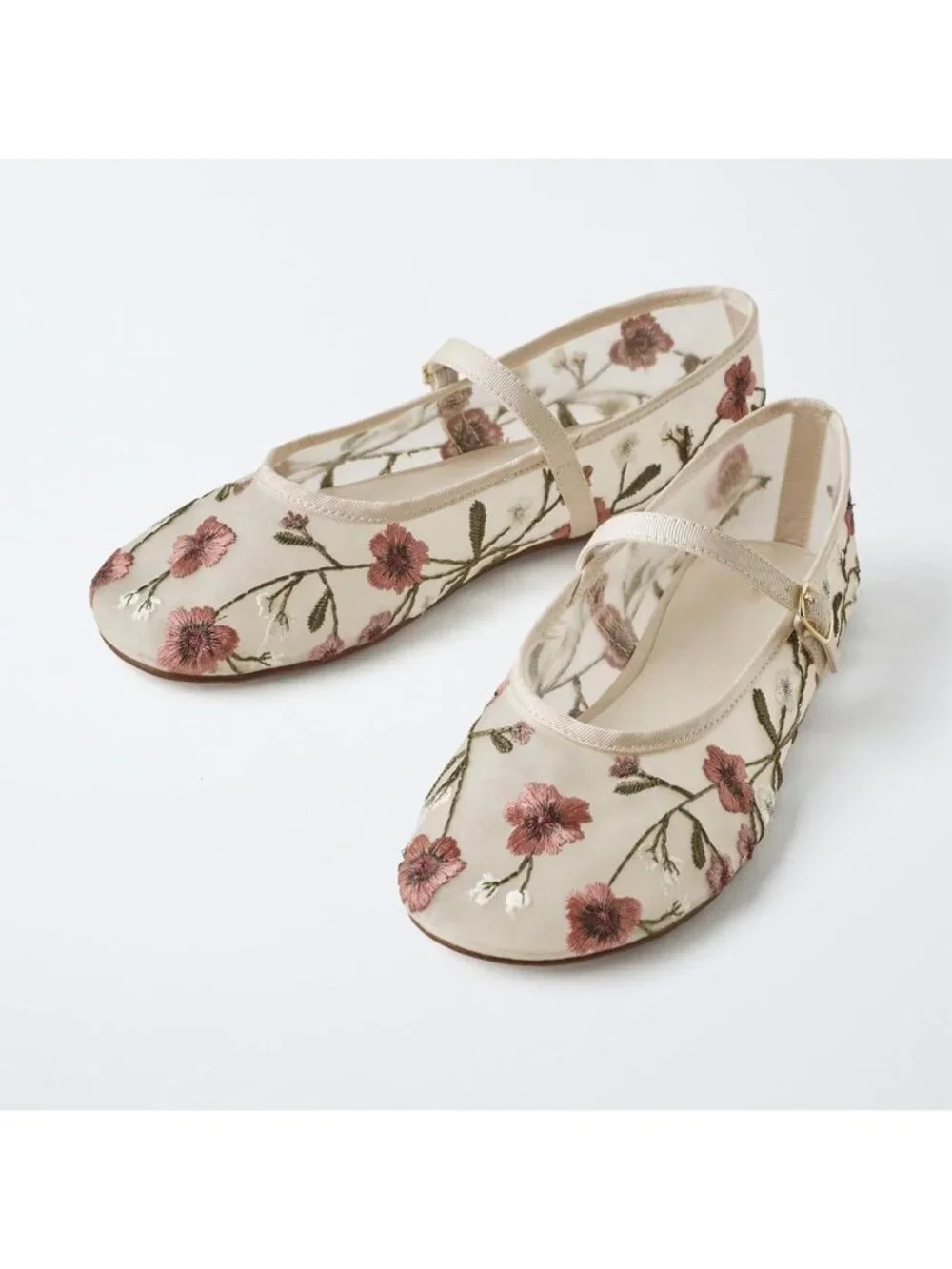Floral Embroidered Mesh Ballet Flats for Women - Round Toe Mary Jane Style